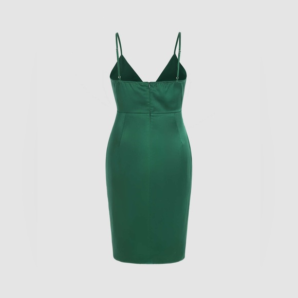 NWT Cider Solid Satin Green Backless Twist Front Midi Dress - Picture 3 of 8